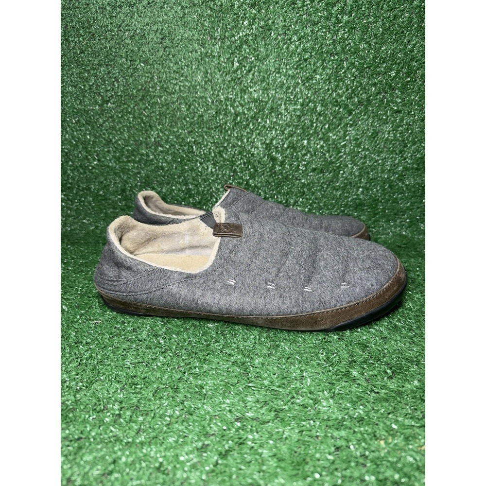 Olukai Mens Size 11 Mahana Slippers Leather Gray Heathered Cotton Rubber Soles